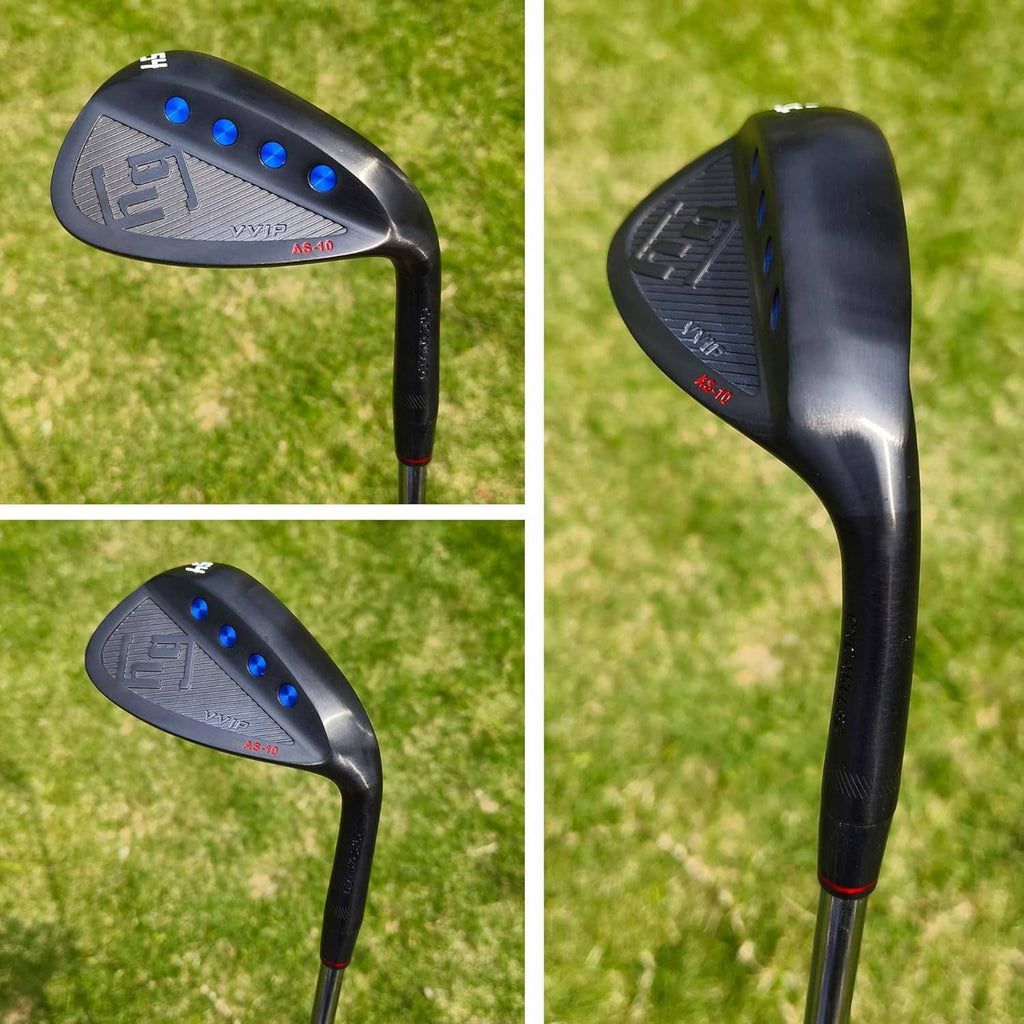 Black golf wedge head shown from multiple angles with blue alignment dots