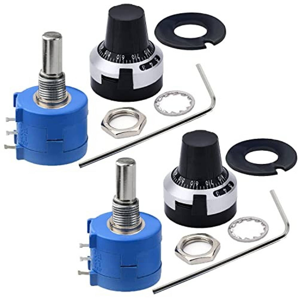 Wirewound precision rotary potentiometer with blue housing, black knob, and included hardware