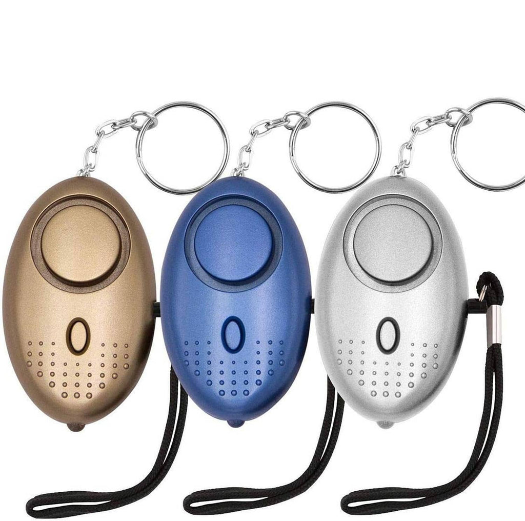 Personal security alarm fob, three pack with brown, blue, and gray keychains