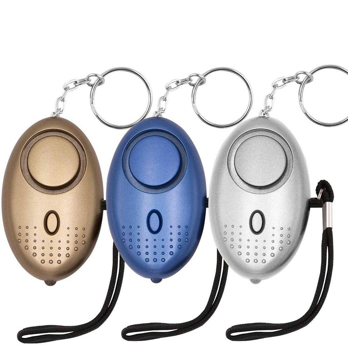 Personal security alarm fob, three pack with brown, blue, and gray keychains