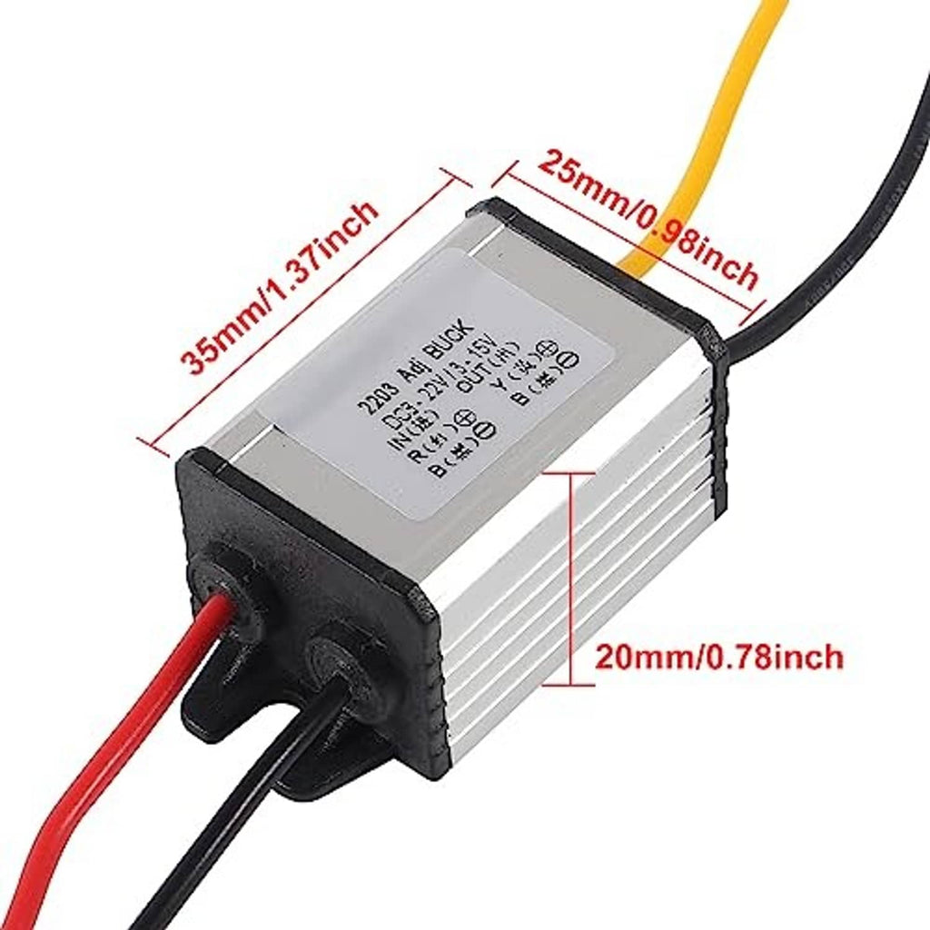 Adjustable DC buck converter module with size markings and multicolor wire connections