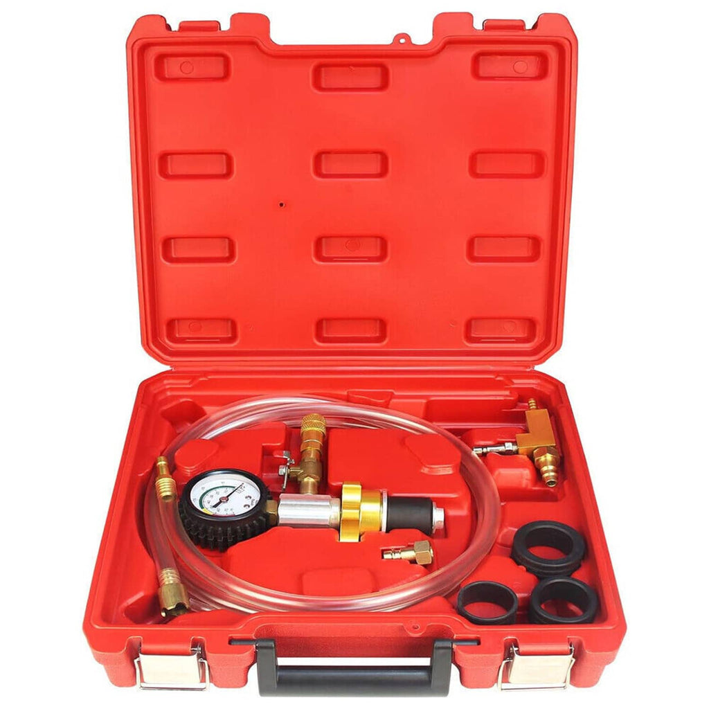 Coolant vacuum kit with pressure gauge and hoses inside open red case