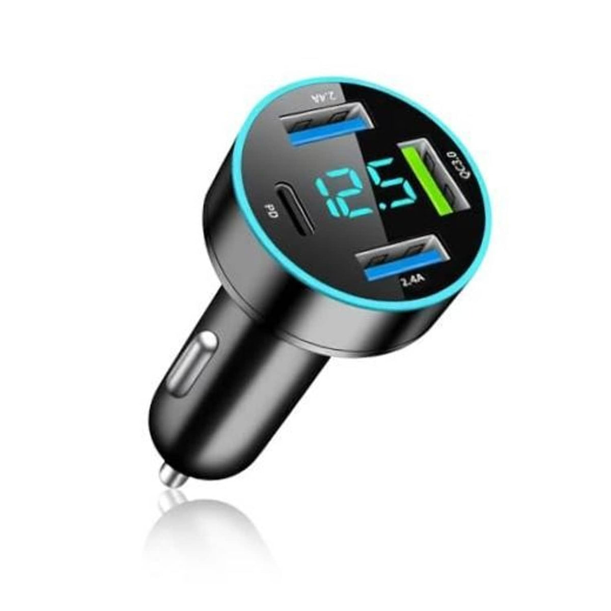 Black 4-in-1 car phone charger with LED voltage display and multi-USB ports