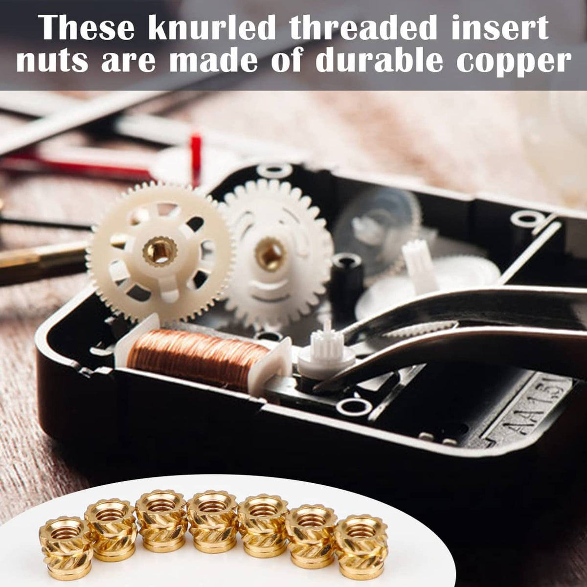 Brass knurled threaded insert nuts arranged in a circle near machine gears