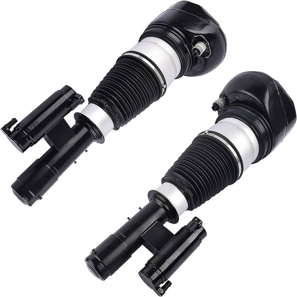 Two air suspension struts with black bellows, silver collars, and top bracket mounts