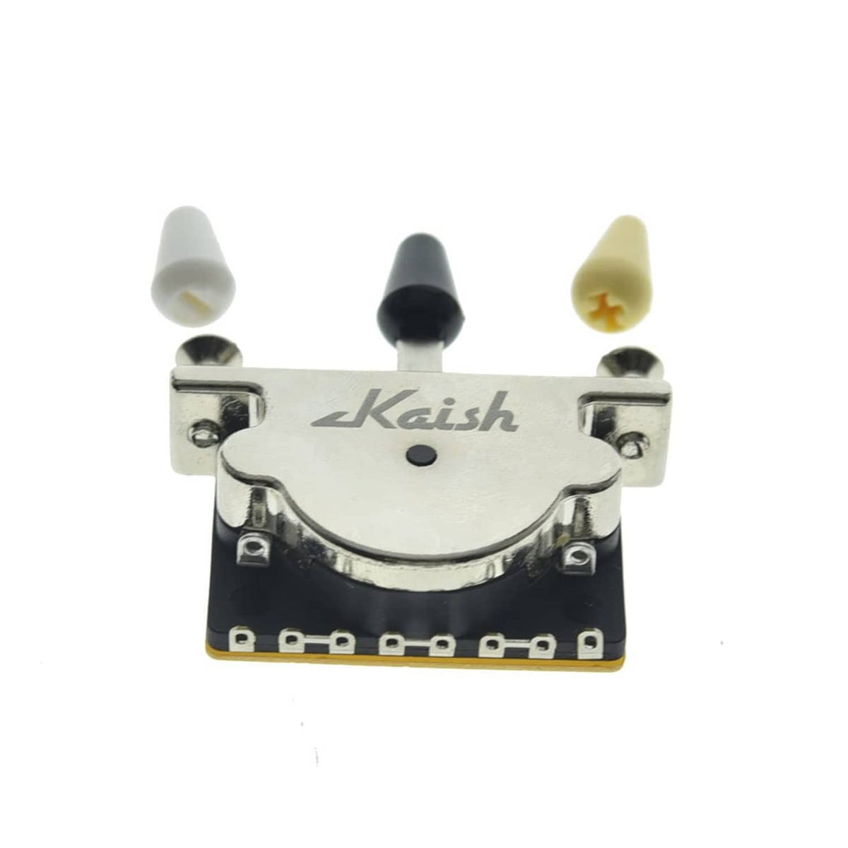 3-way guitar pickup selector switch with silver faceplate, black lever, black base, three caps