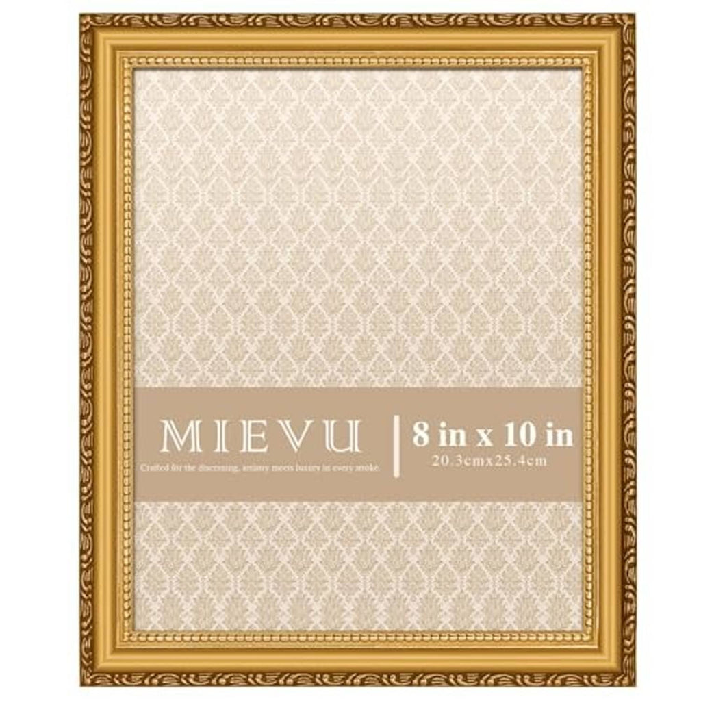 Gold picture frame with ornate edge and printed size label for 8 x 10 in display