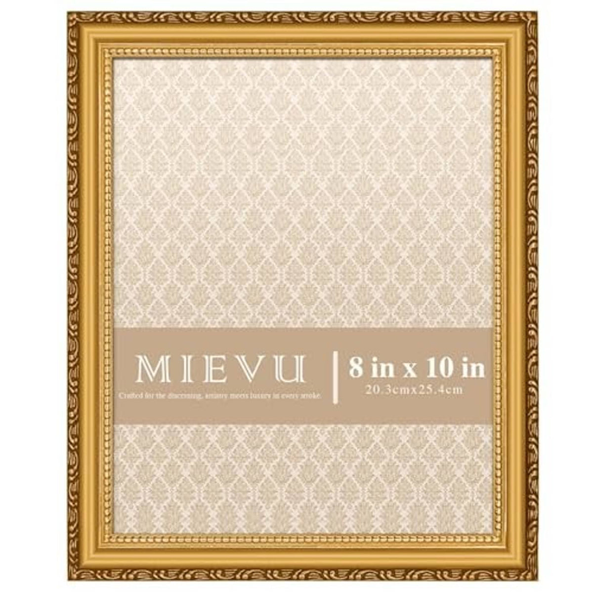 Gold picture frame with ornate edge and printed size label for 8 x 10 in display