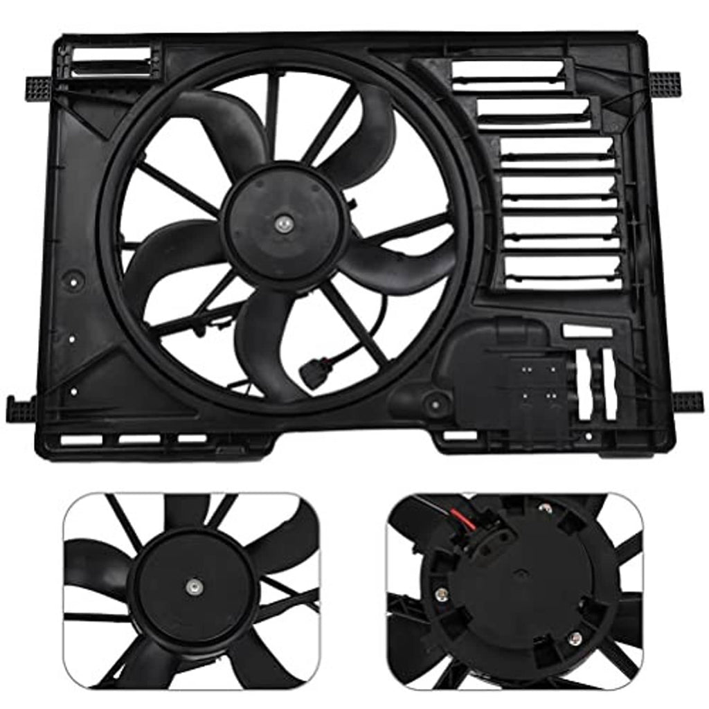 Black radiator fan assembly front view with cooling fan, grille fins, and control box