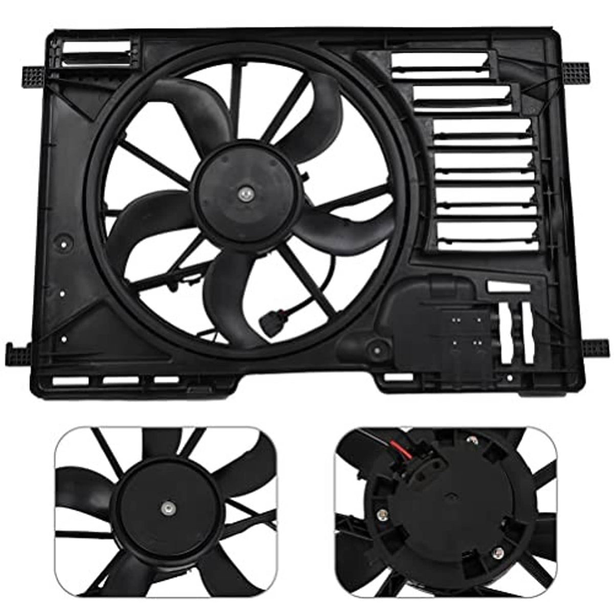 Black radiator fan assembly front view with cooling fan, grille fins, and control box