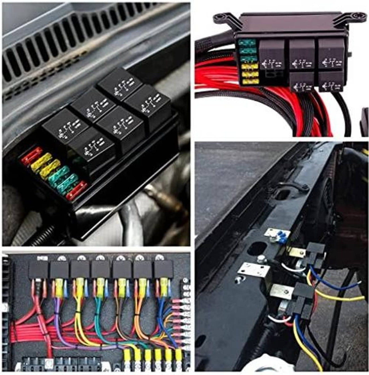 24V relay harness terminals installed in a vehicle control unit with multicolor wiring