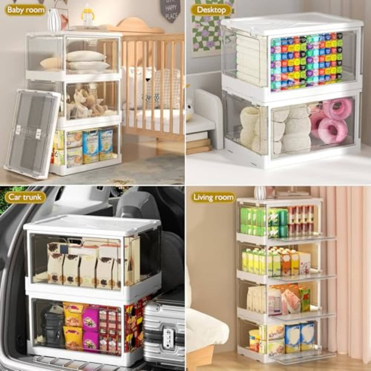 White collapsible storage bins with lids, used in home and car storage setups