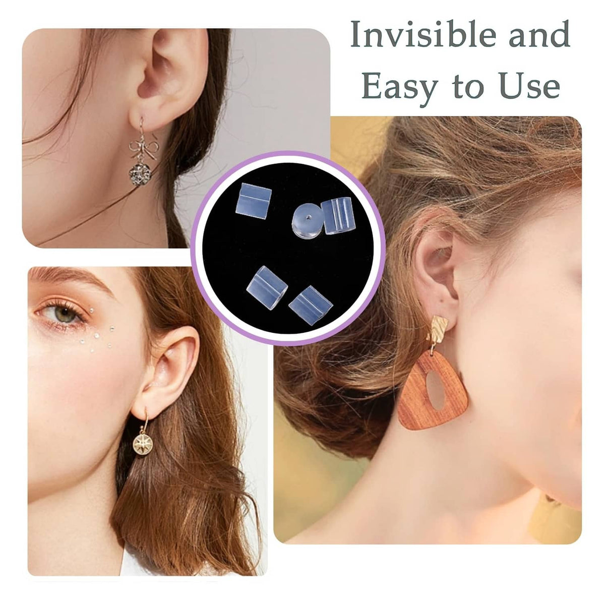 Clear silicone earring backs on earrings, with close-up of stopper pieces
