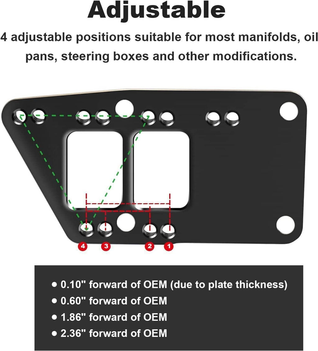 Adjustable engine conversion plate kit with marked mounting positions and bolts