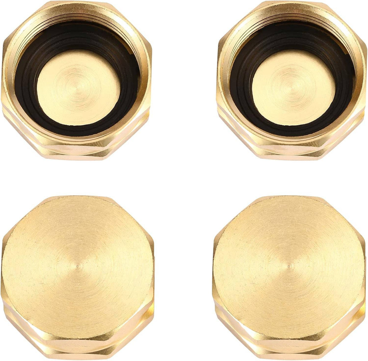 Brass hose end cap with black rubber insert and internal female threads