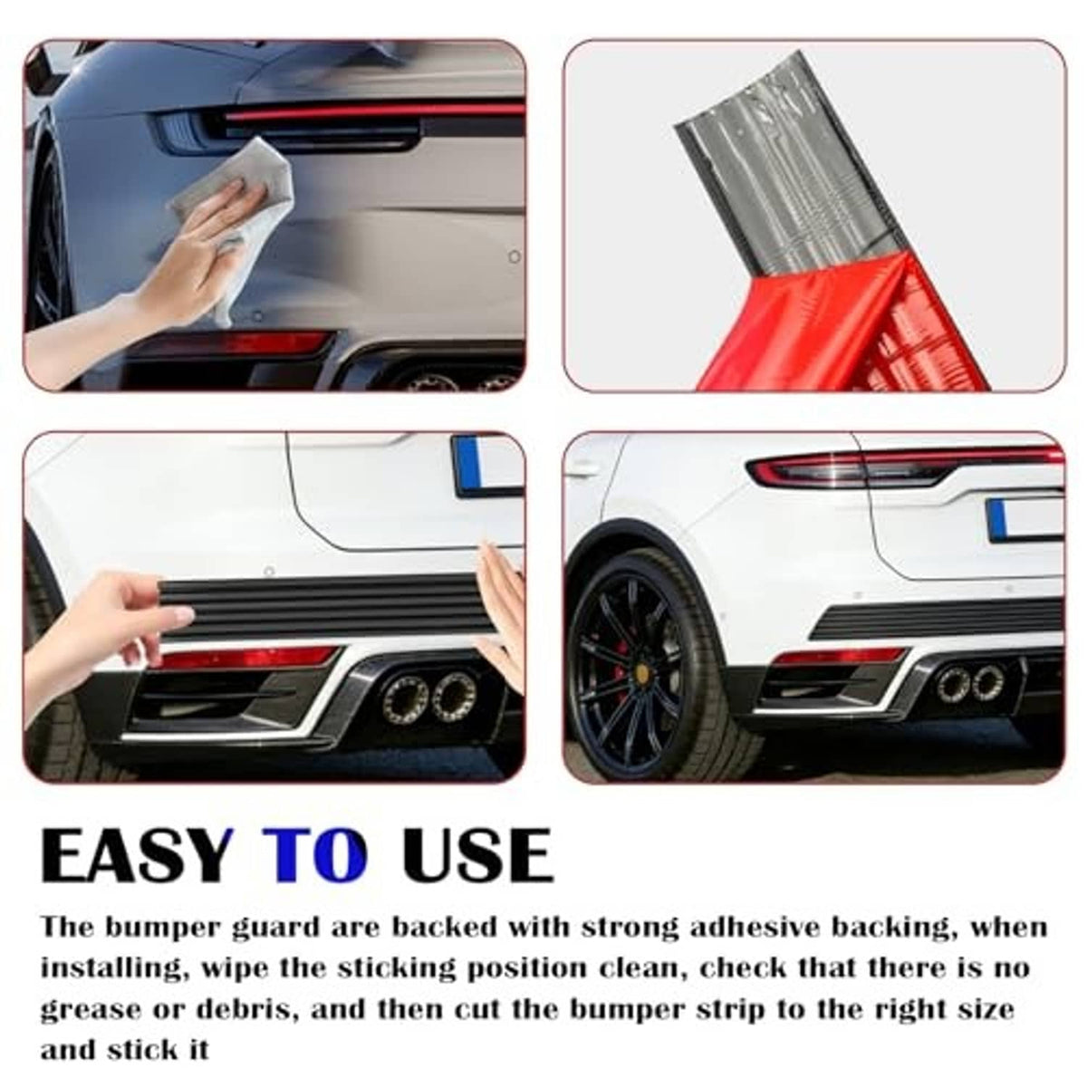 Hands applying rubber bumper guard strip to rear bumper edge, dark gray with red insert