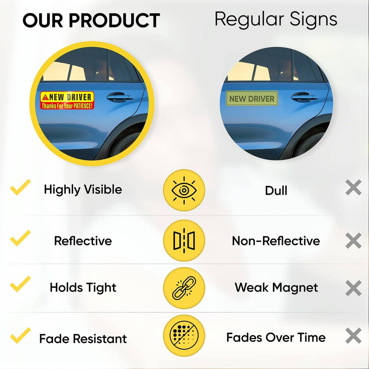 Magnetic sign shown in side-by-side visibility comparison: regular vs highly visible.