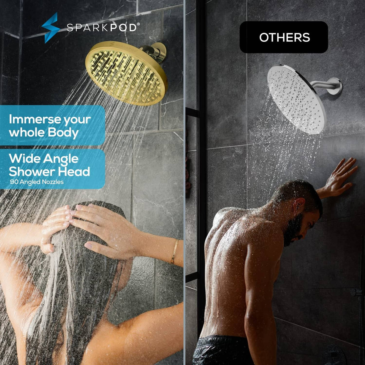 8-inch round rain shower head in Egyptian gold finish with spray nozzles