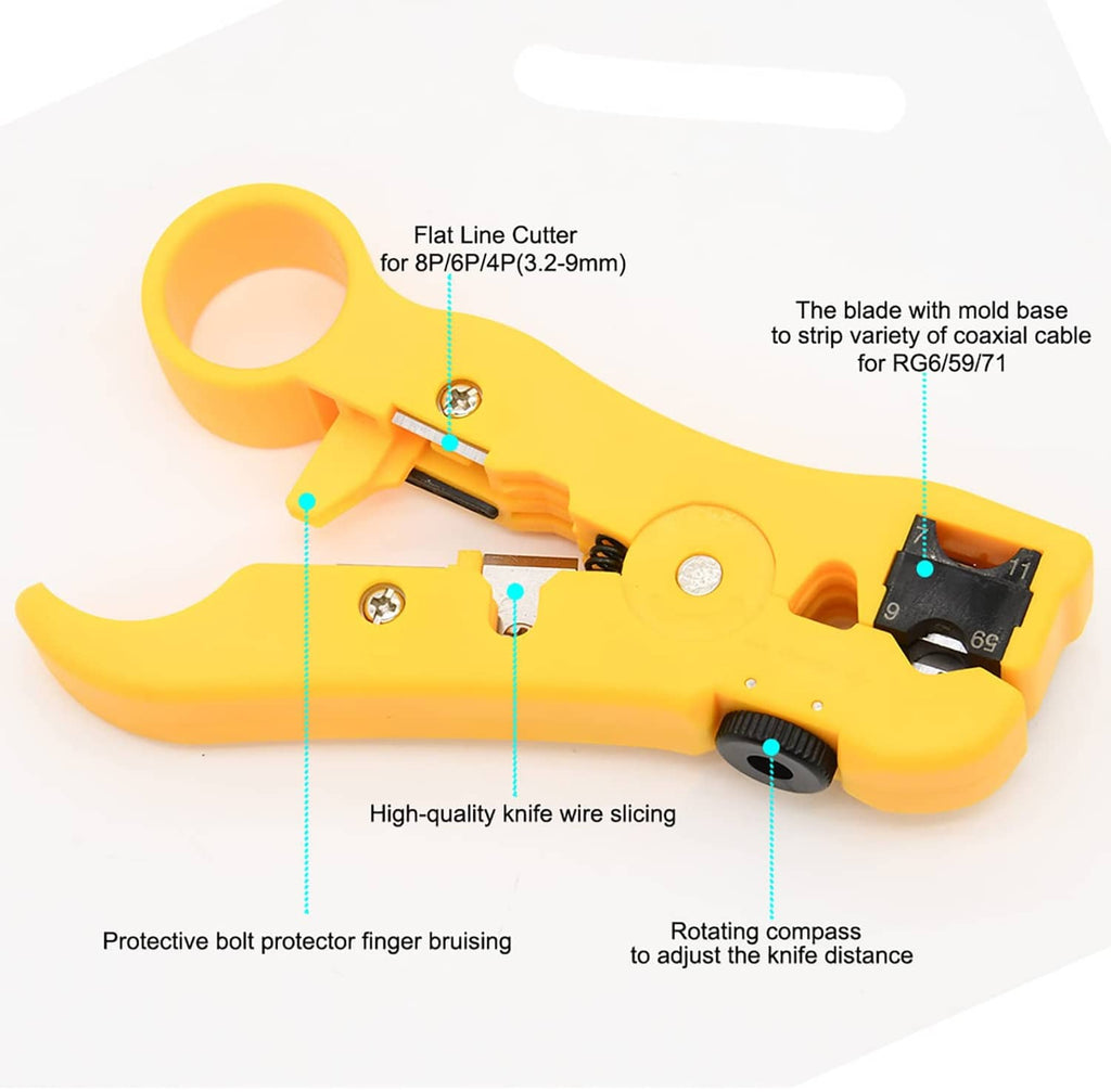 Yellow coax flat line cutter tool with blade for stripping and wire slicing