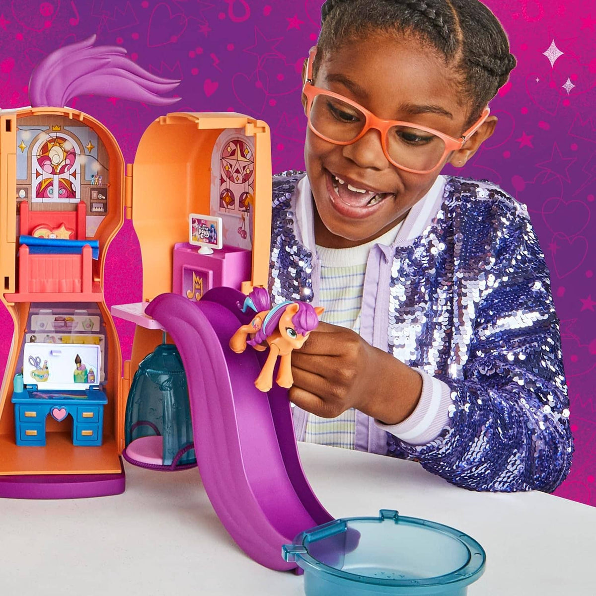My Little Pony Sunny doll with purple slide playset and room compartments