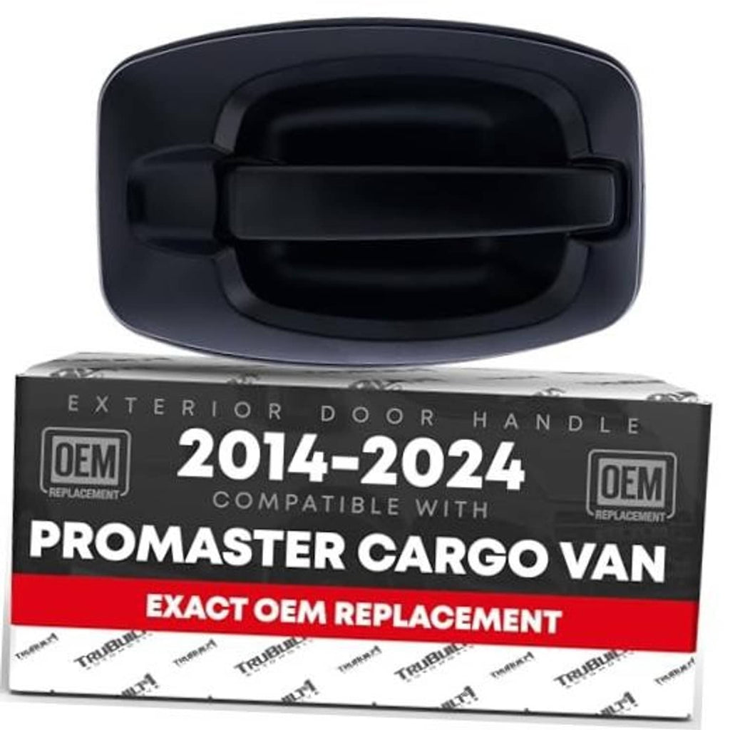 Exterior front passenger door handle in black plastic, no keyhole; OEM replacement box shown