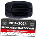 Exterior front passenger door handle in black plastic, no keyhole; OEM replacement box shown