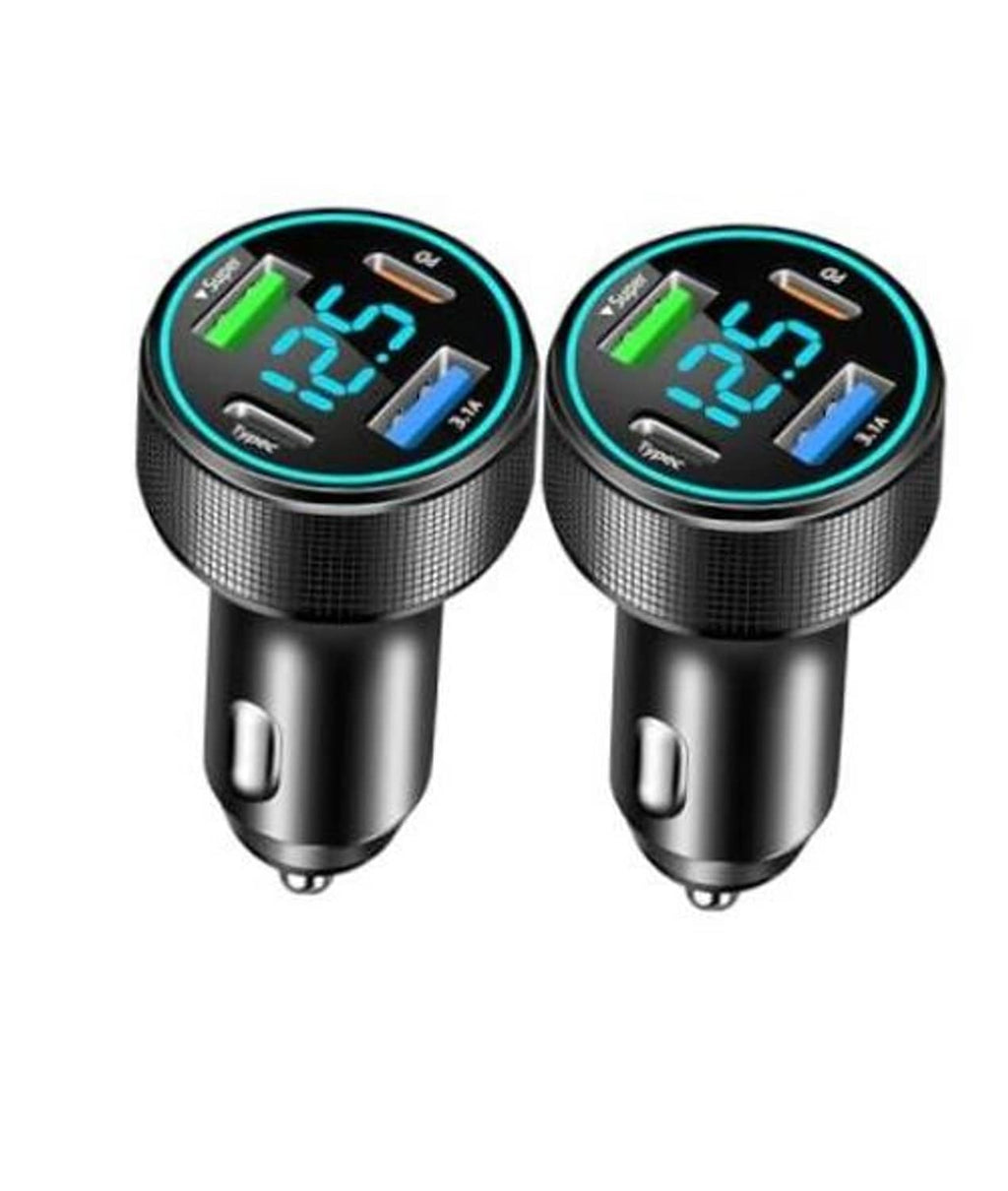 Two-pack 4-port USB-C car chargers with LED voltage display and blue backlit screen