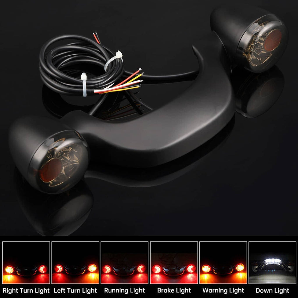 Black LED bullet light bar with smoked lenses and red running/brake/turn mode preview.