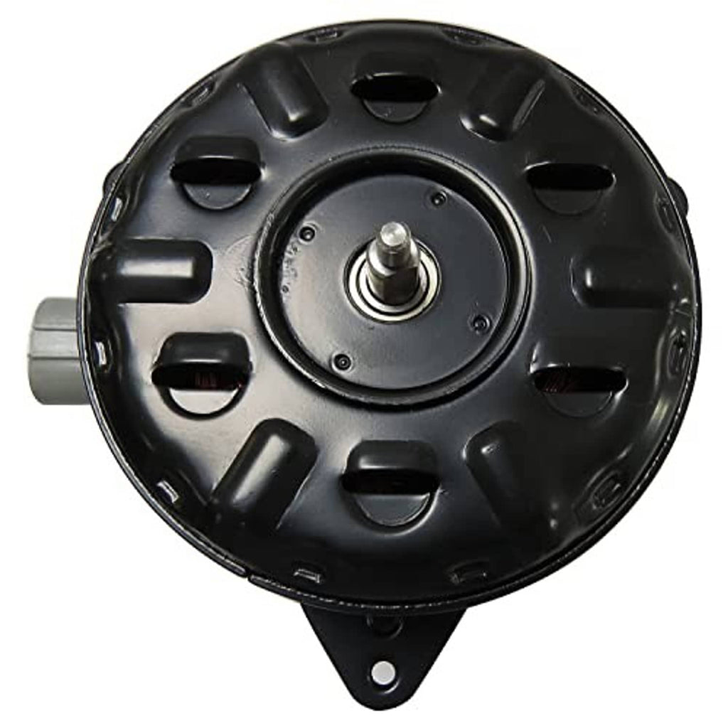 Black radiator cooling fan motor with central metal shaft and vented housing