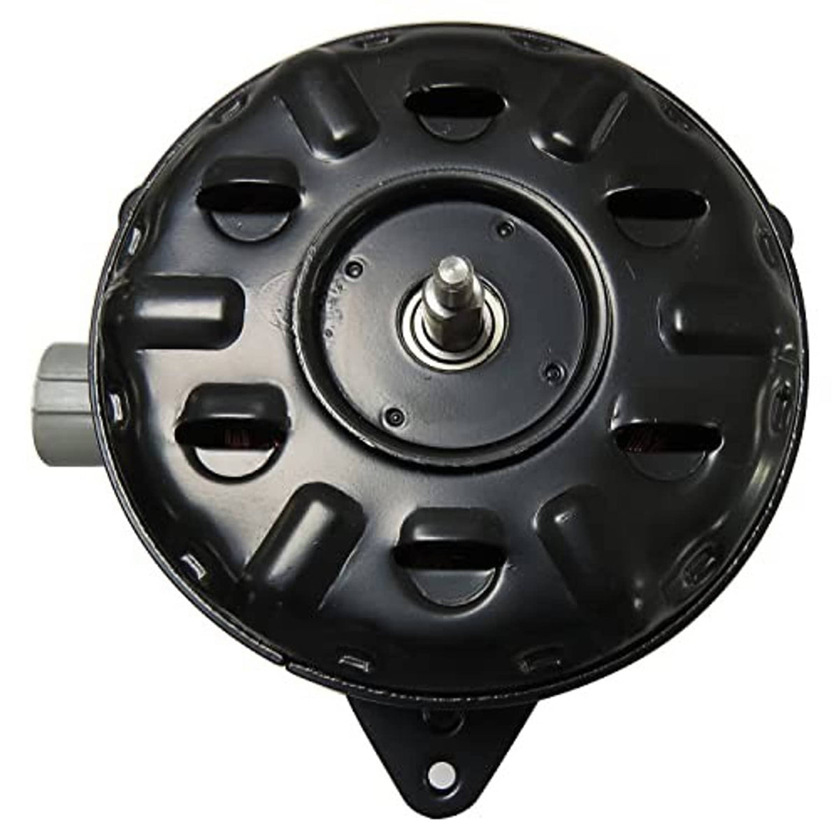 Black radiator cooling fan motor with central metal shaft and vented housing