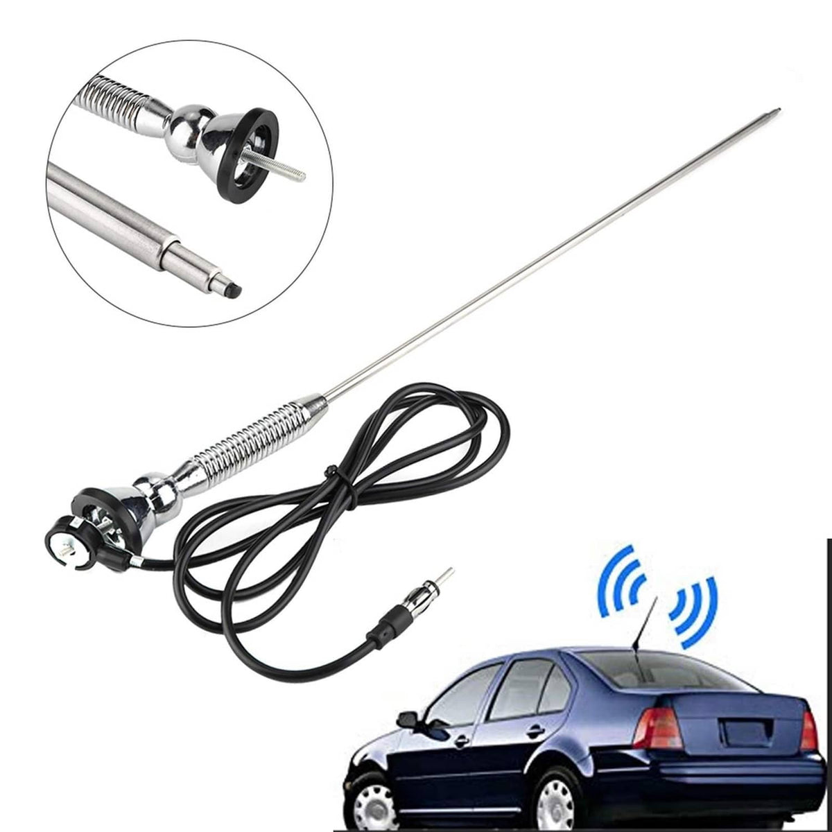 Universal car antenna with silver mast, chrome spring mount, black cable lead