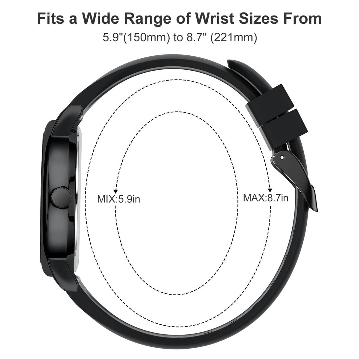 Black waterproof nurse watch shown from the side with silicone strap and sizing outline