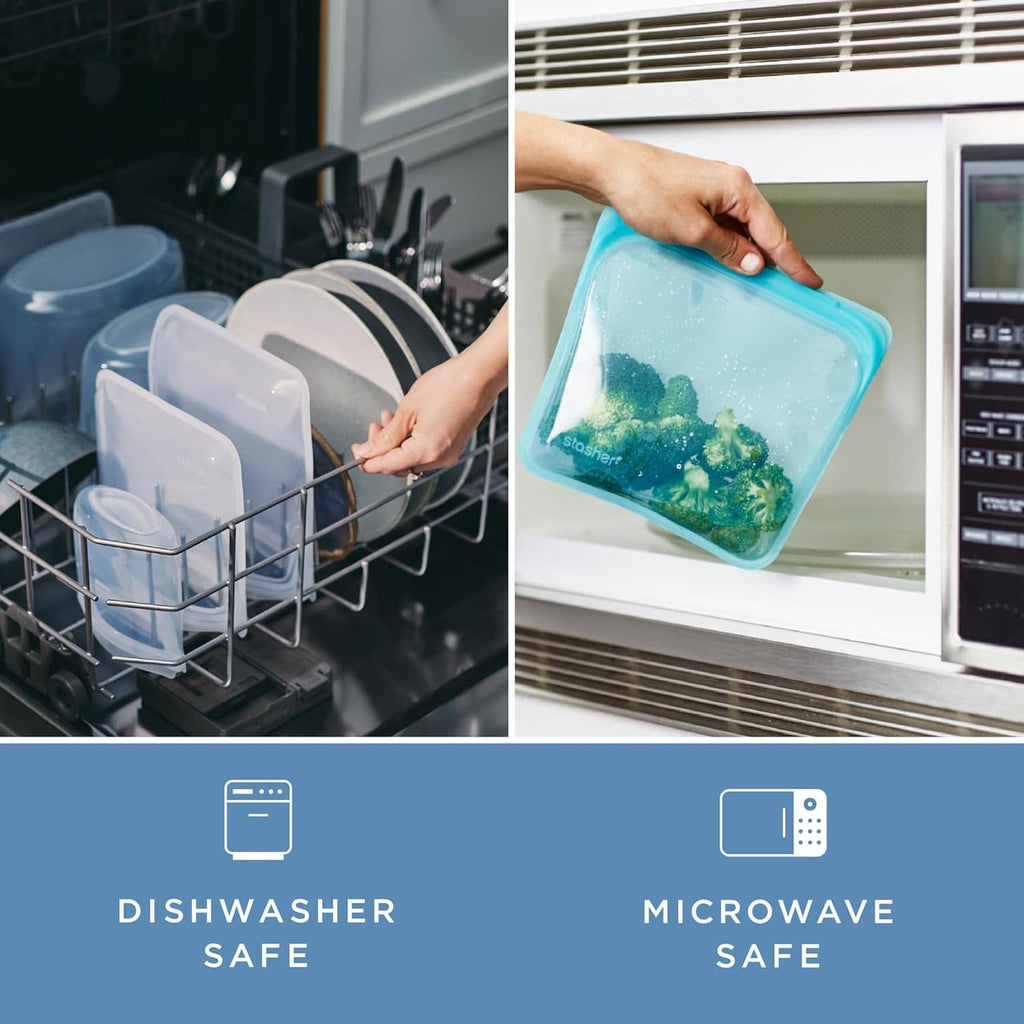 Hand placing a filled blue-green silicone storage bag into a microwave