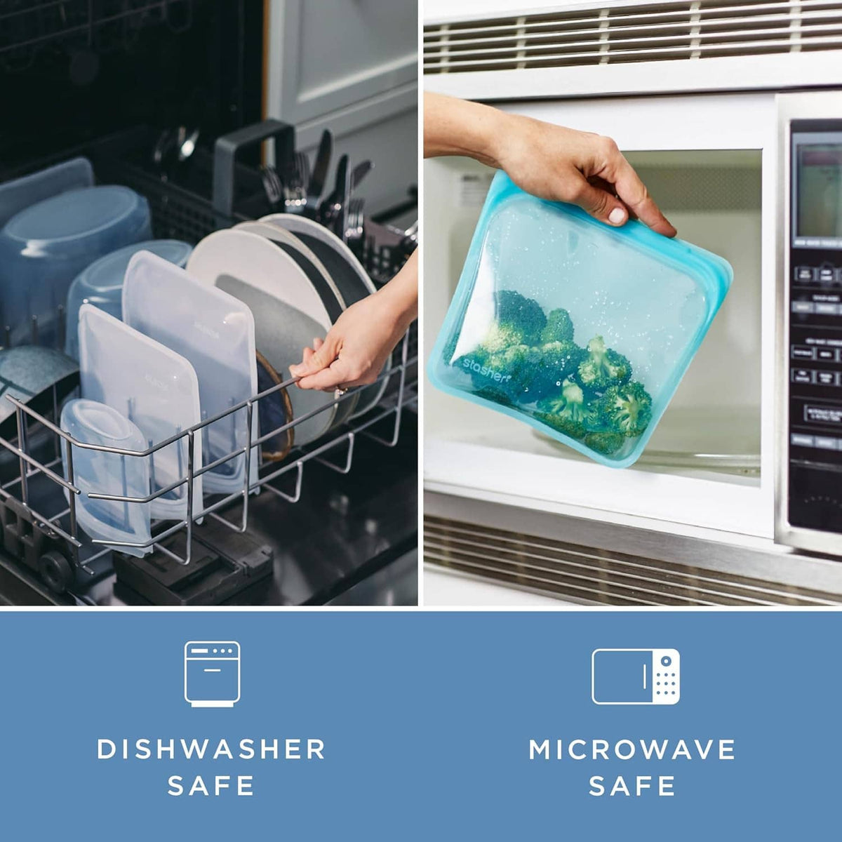 Hand placing a filled blue-green silicone storage bag into a microwave