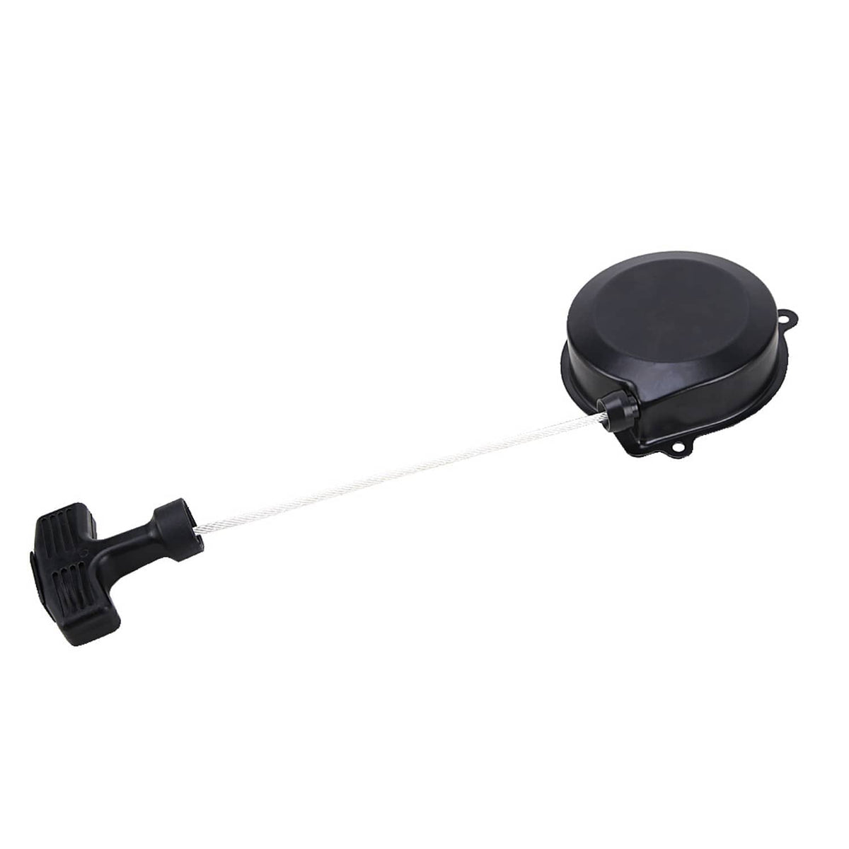 Black recoil pull starter with extended white pull rope and textured handle