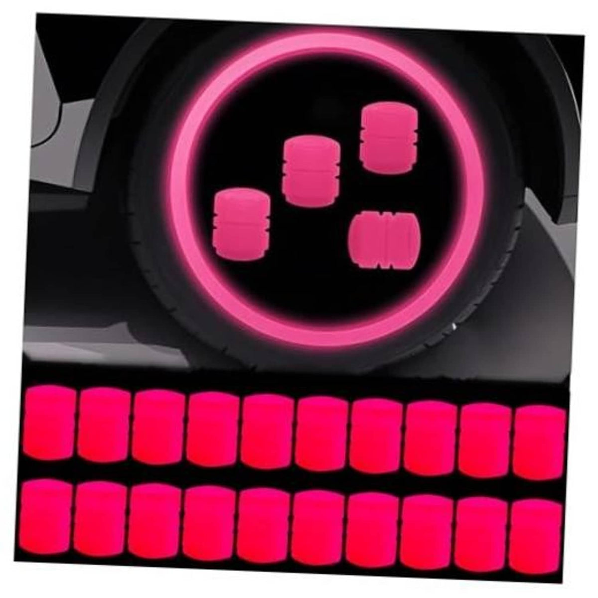 Pink glowing tire valve caps on a wheel, with multiple illuminated caps in a row