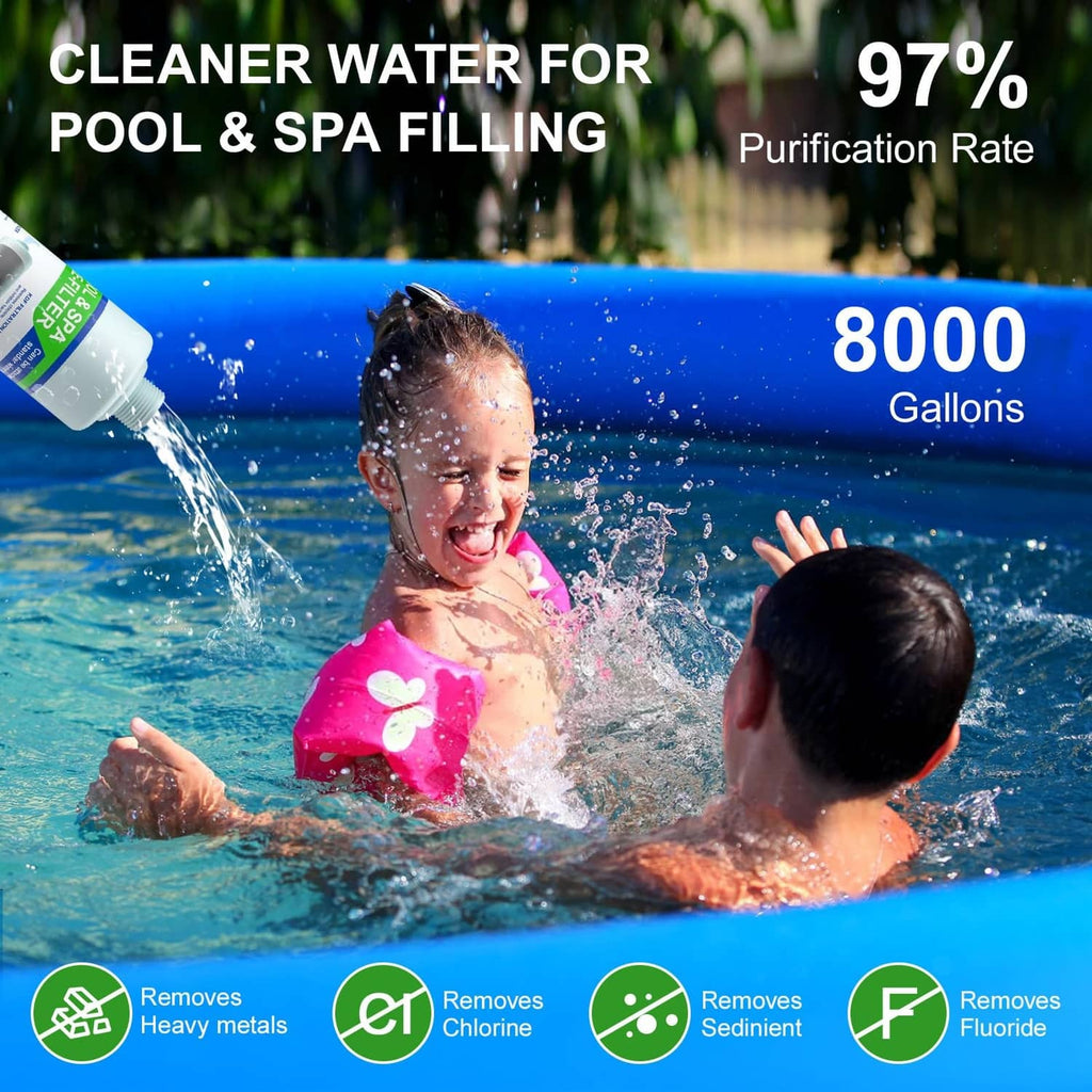 White inline water filter cartridge with droplets, for pool and spa filling
