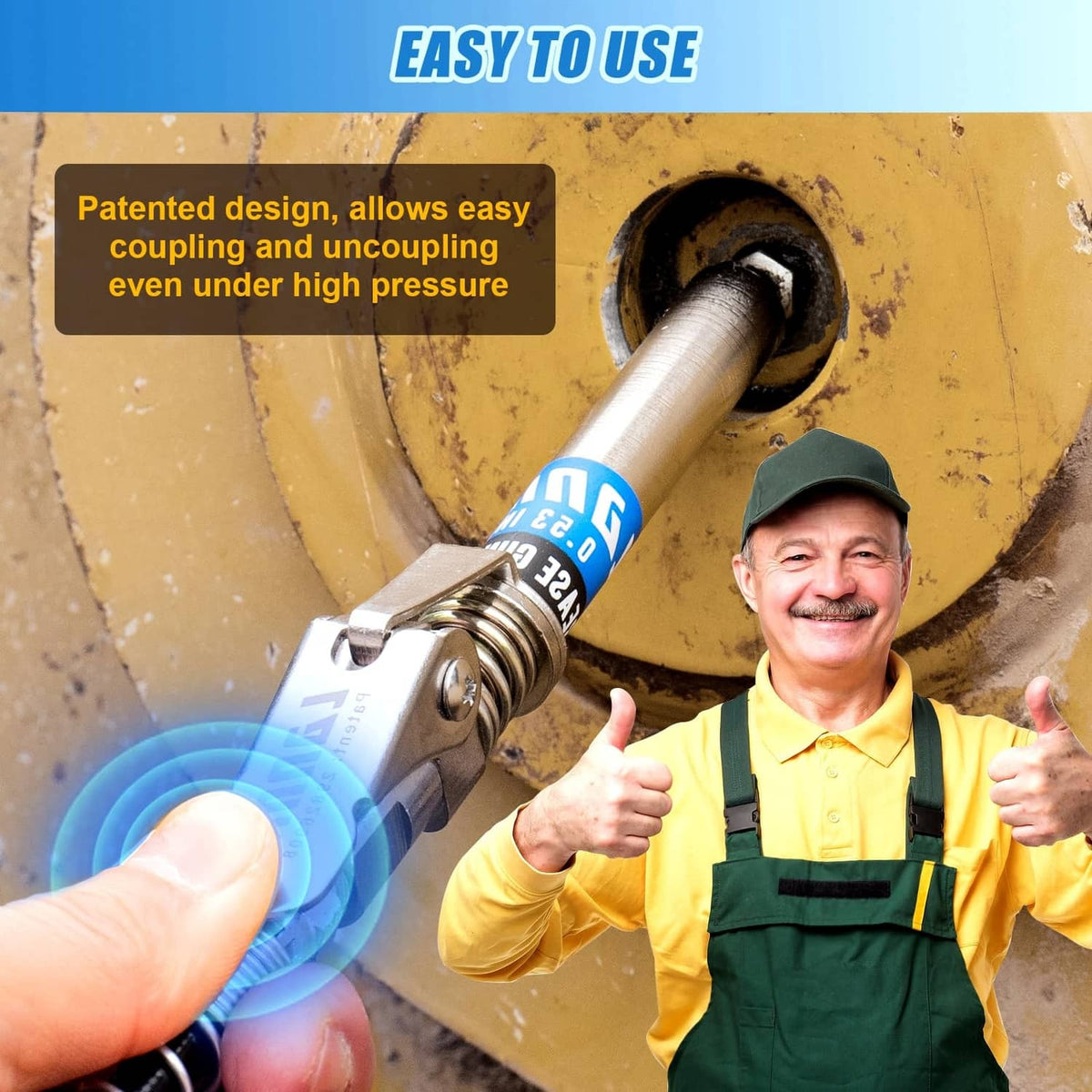Grease gun coupler on a grease fitting with spring mechanism, thumbs-up user nearby