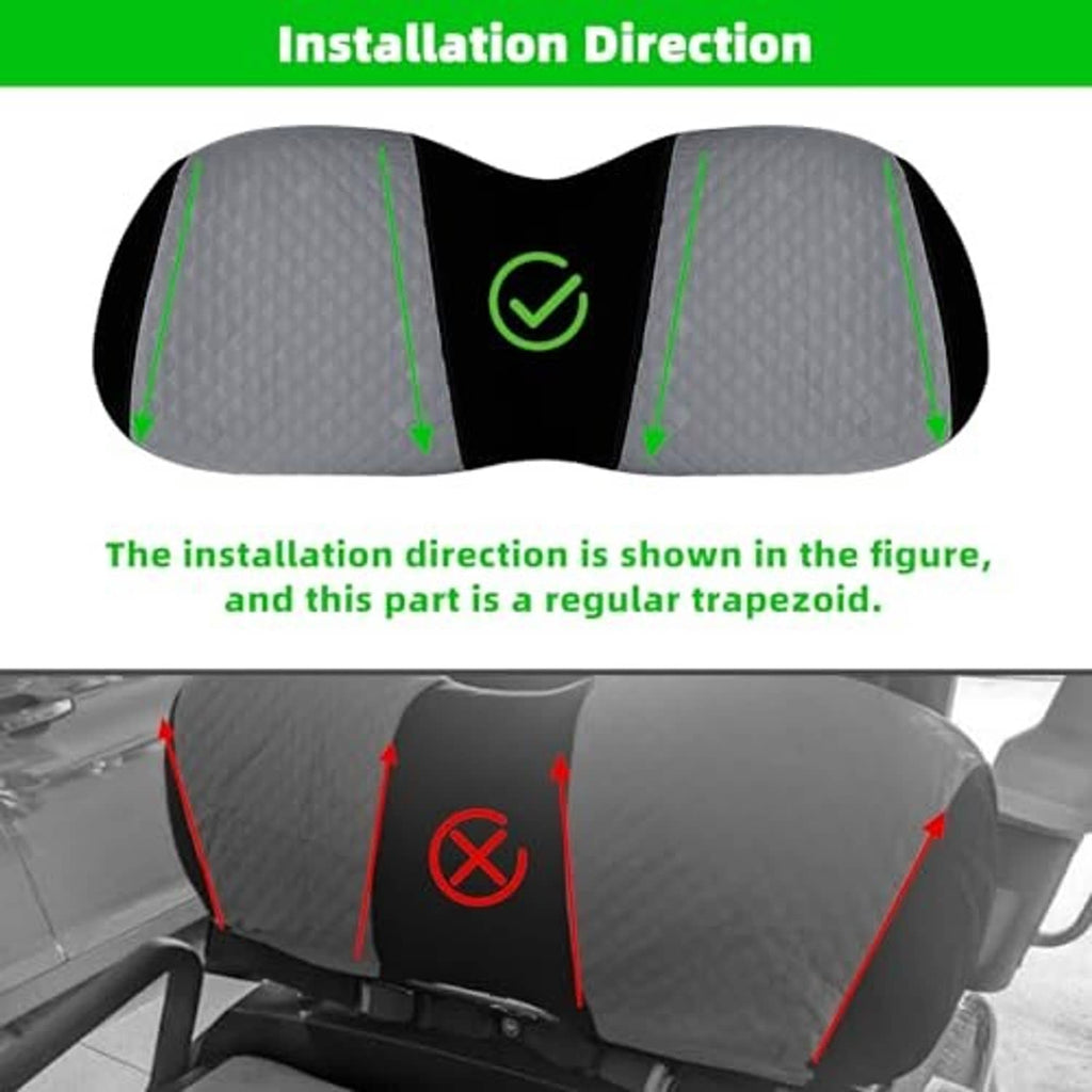 Gray seat cover with black panel and green installation arrows for placement