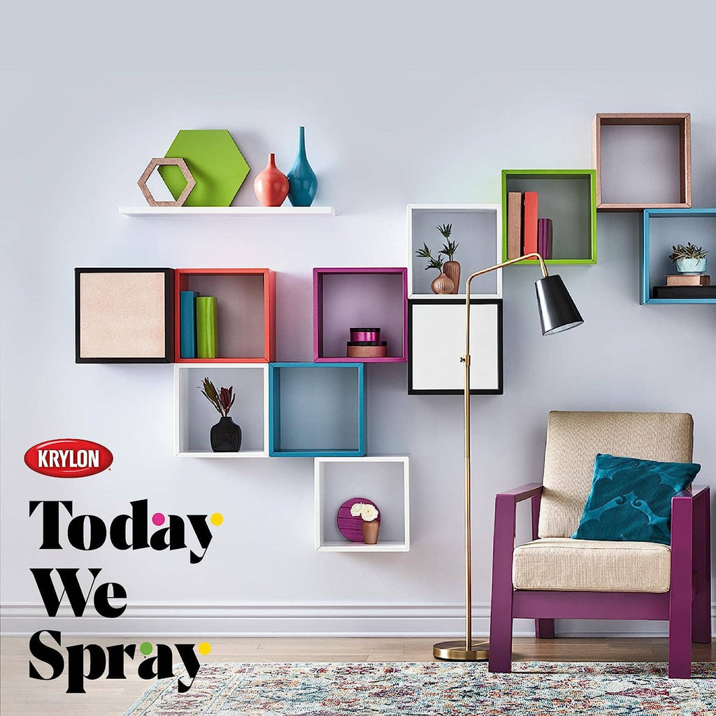 Paint project wall display featuring colorful shelving and a living room armchair