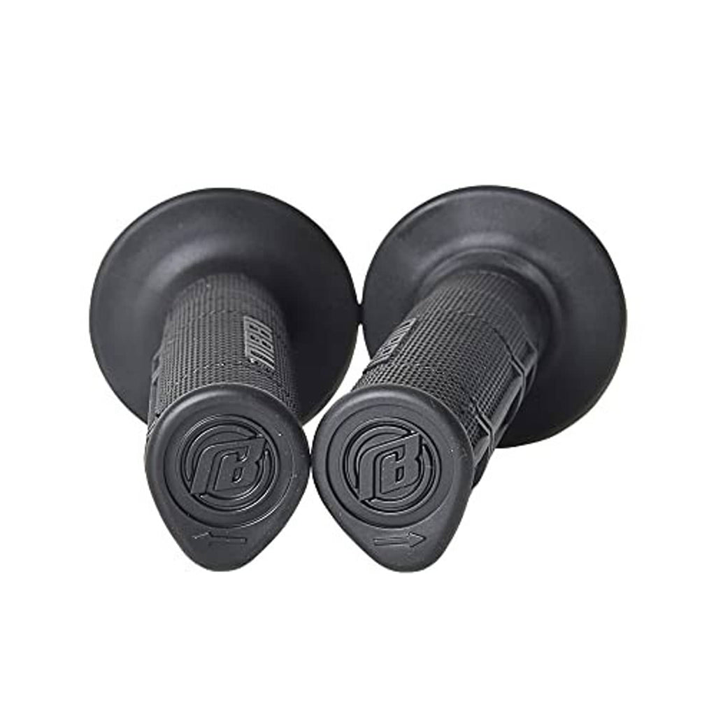 Black motorcycle hand grips with circular end cap covers and textured grip sections