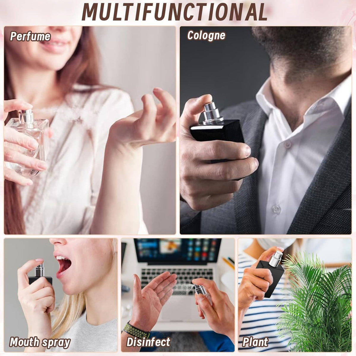Refillable perfume atomizer bottles with fine-mist sprayers, clear glass and metal caps