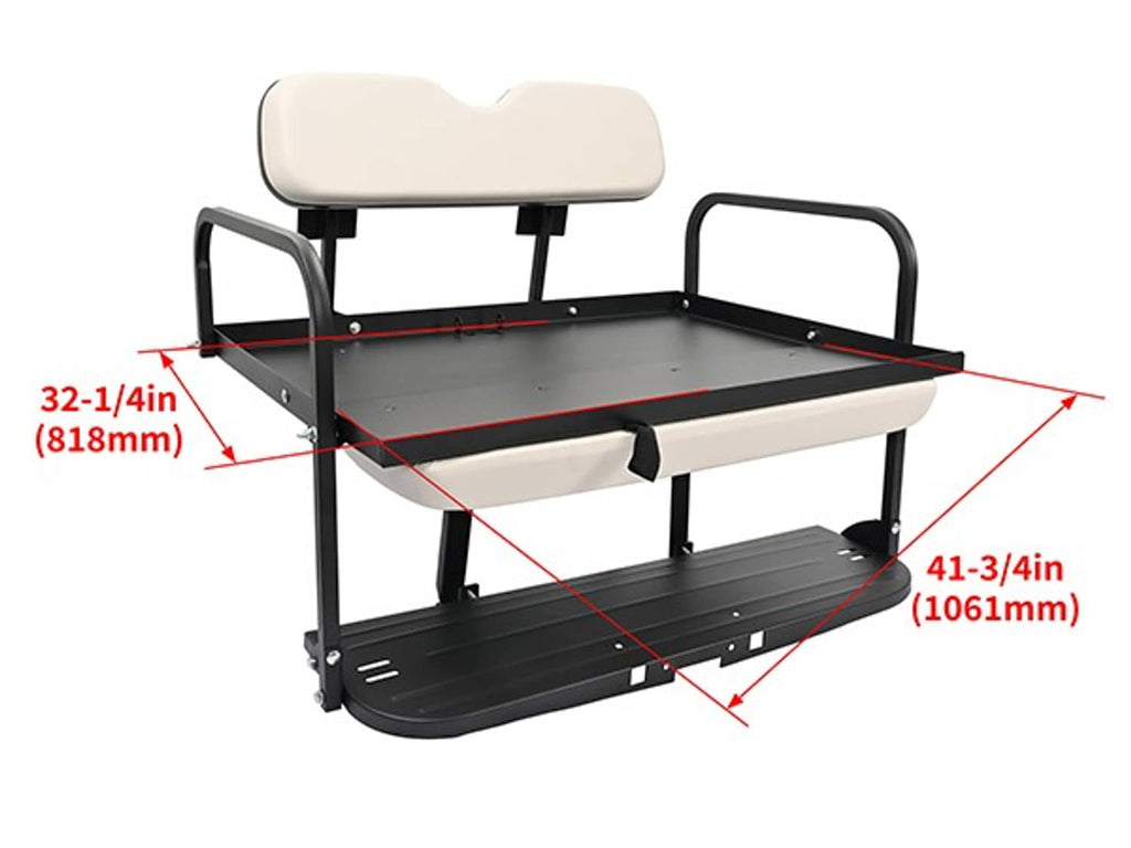 Golf cart rear flip back seat with off-white cushions and black steel platform