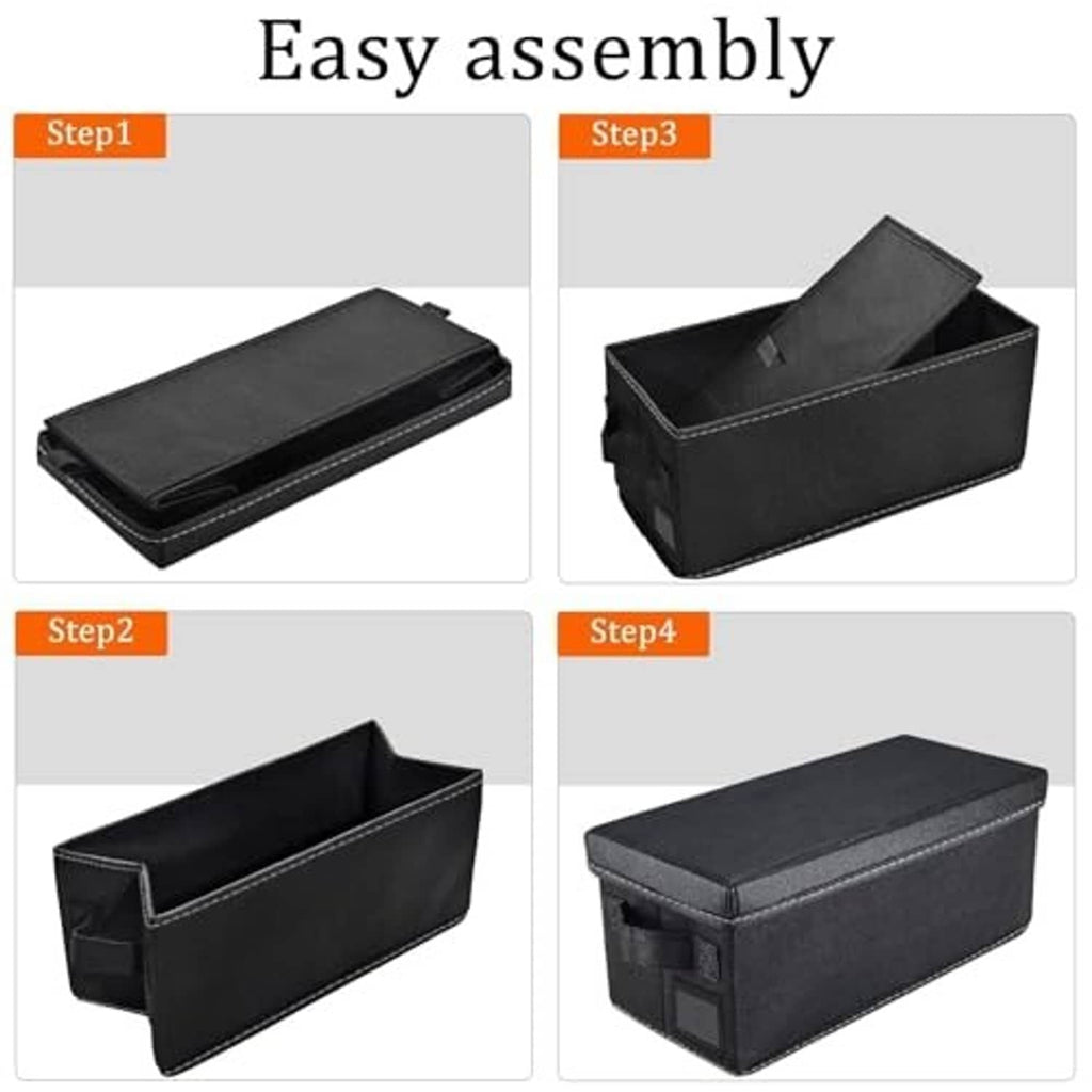 Black fabric CD storage box with snap-together construction, showing open top compartment