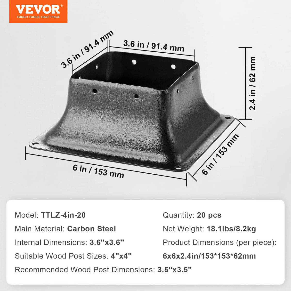 Black steel 4x4 wood post base bracket with size diagram and 20-piece quantity label
