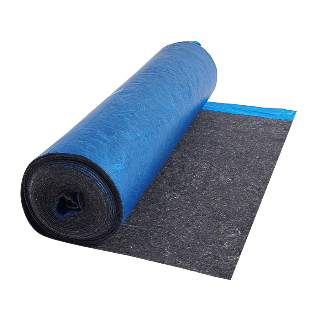 Blue floor underlayment roll with dark recycled fiber backing, partially unrolled