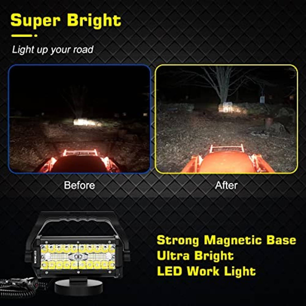 Compact black LED work light with strong magnetic base and ultra-bright LED panel.