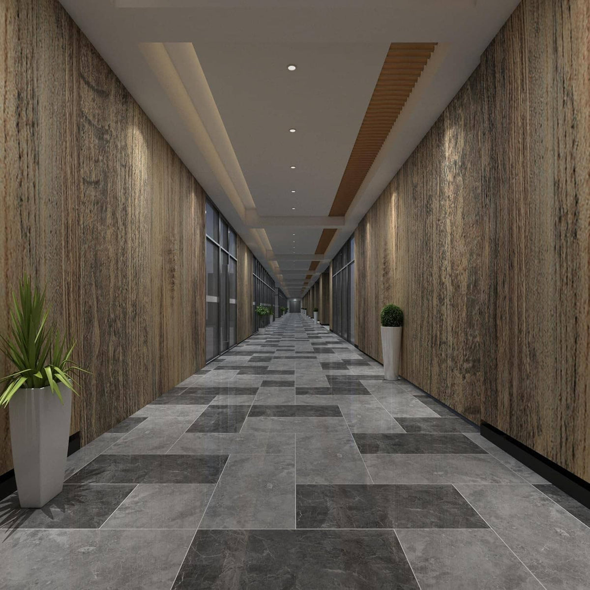 Brown wood-grain wallpaper spanning a hallway wall, showing vertical plank texture repeat