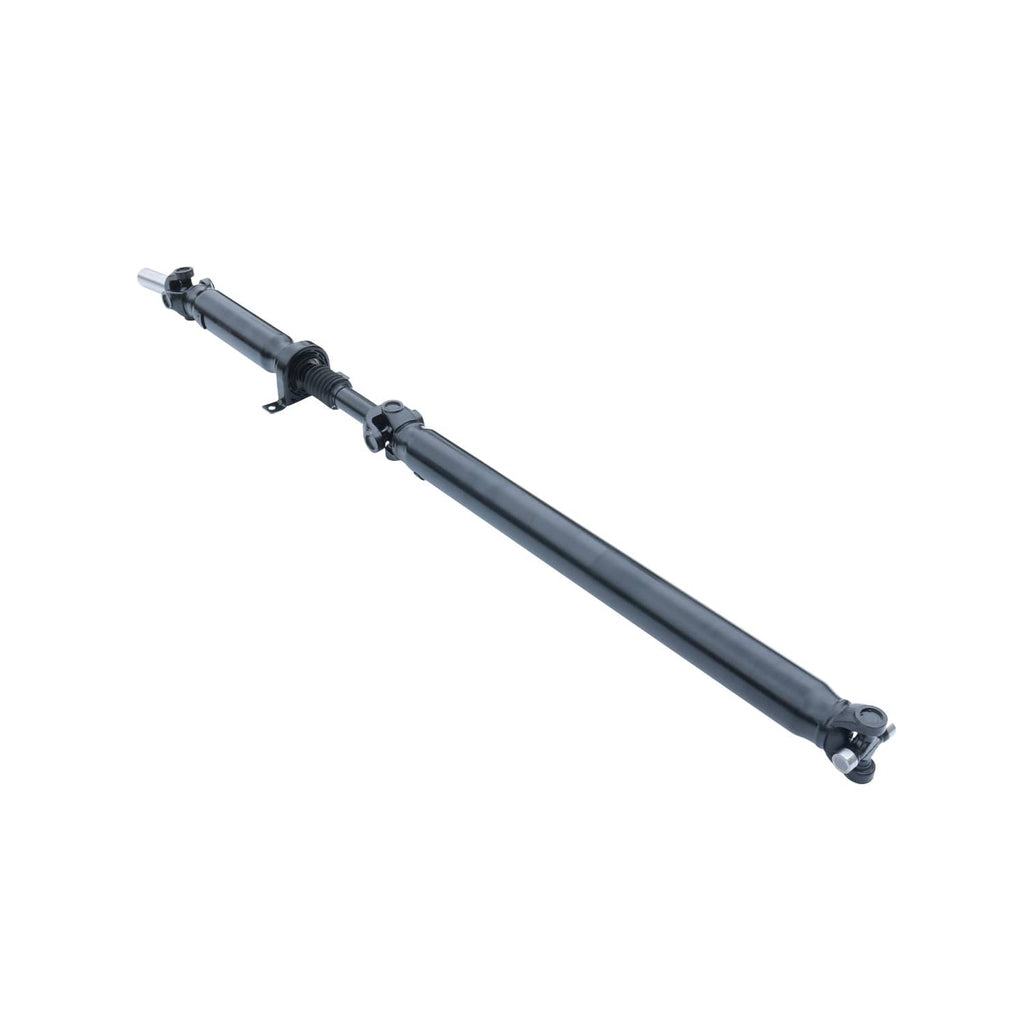 Rear driveshaft prop shaft assembly, black shaft with end yokes and U-joint, angled