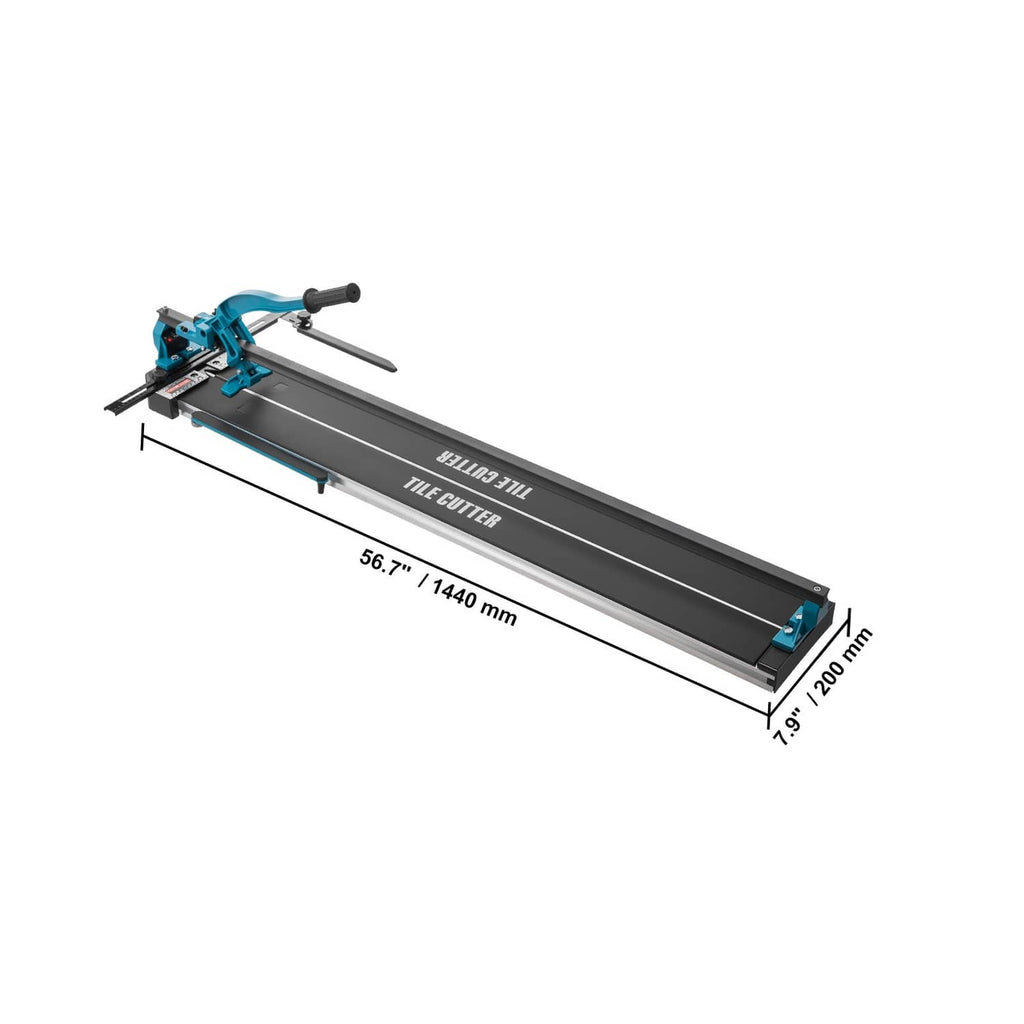 48-inch manual tile cutter side profile, teal/black carriage on long cutting track